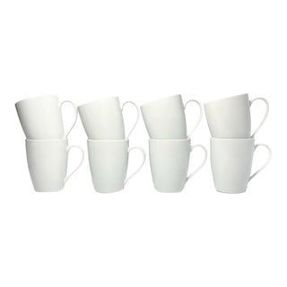 Crate & Barrel “Aspen” Set of 8 White Porcelain Mugs For Sale
