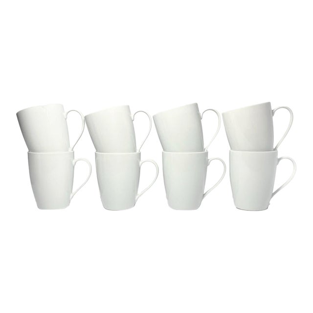 Crate & Barrel “Aspen” Set of 8 White Porcelain Mugs For Sale