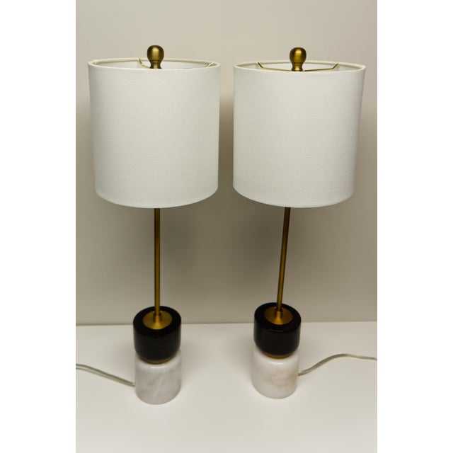 Contemporary Black & White Stone Table Lamps With Brass Finish Fittings a Pair For Sale - Image 4 of 8