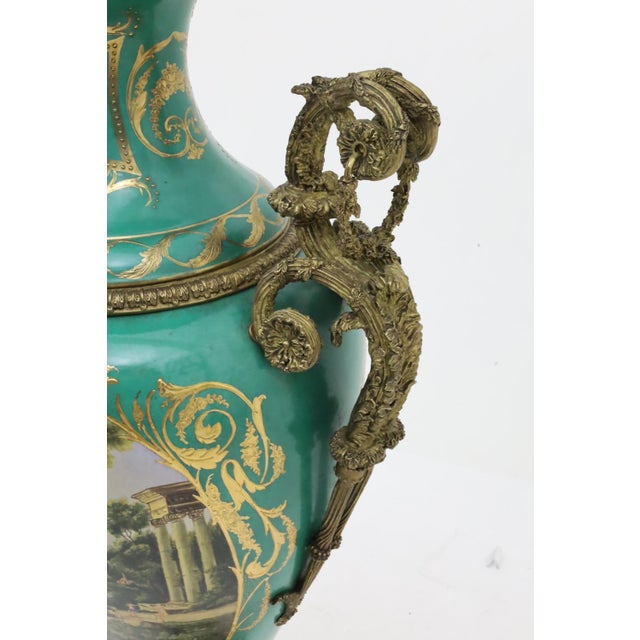 Bottle Green Pair of Large / Impressive 19th Century French Ormolu Mounted Sèvres Porcelain Urns For Sale - Image 8 of 13