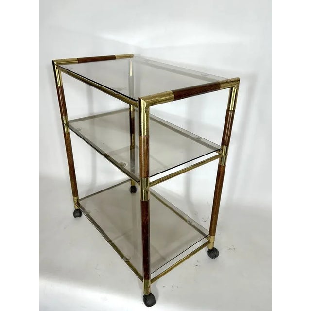 Metal Italian Brass and Wood 3-Shelf Trolley or Bar Cart by Tommaso Barbi, 1970s For Sale - Image 7 of 14