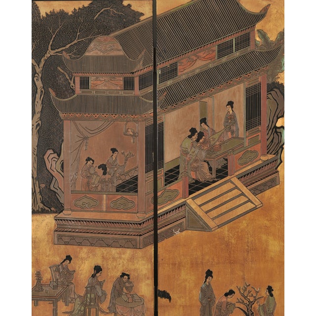 Chinese Export Eight-Panel Coromandel Screen Gilt Pavilion 10 Ft For Sale - Image 10 of 18