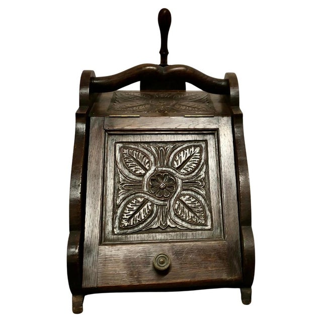 Wood Arts and Crafts Carved Oak Coal Box with Liner and Shovel, 1880s For Sale - Image 7 of 7
