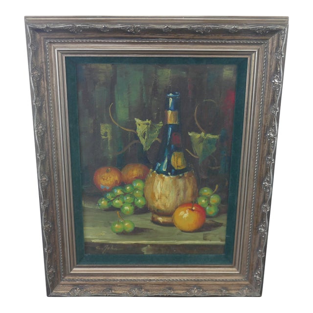 Mid Century Oil Painting Still Life by C John Framed For Sale