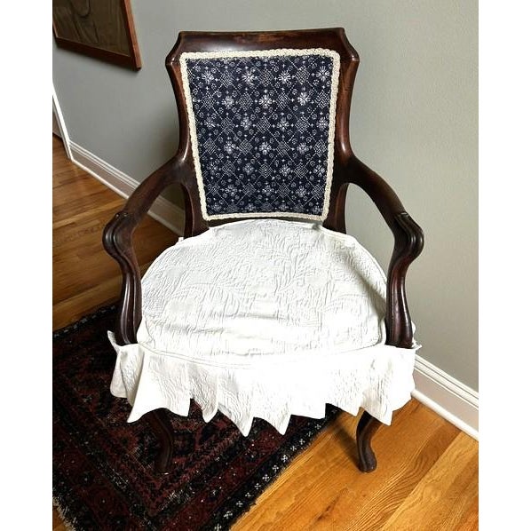 Antique Blue and White Batik Upholstered English Wood Accent Chair For Sale - Image 13 of 16