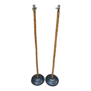 Late 20th Century Burnt Rattan Bamboo Floor Lamps - A Pair For Sale