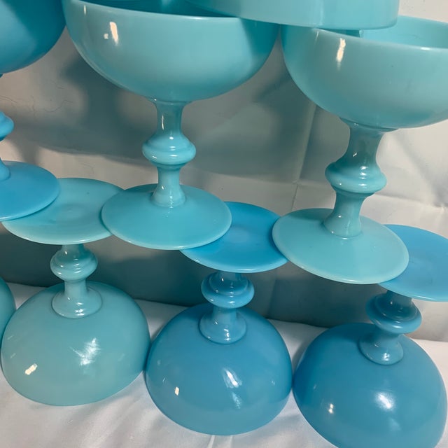 Glass Vintage French Turquoise Blue Opaline Glass Champagne Coupes or Sherbet Glasses, by Portieux Vallerysthal Set of 10 For Sale - Image 7 of 9