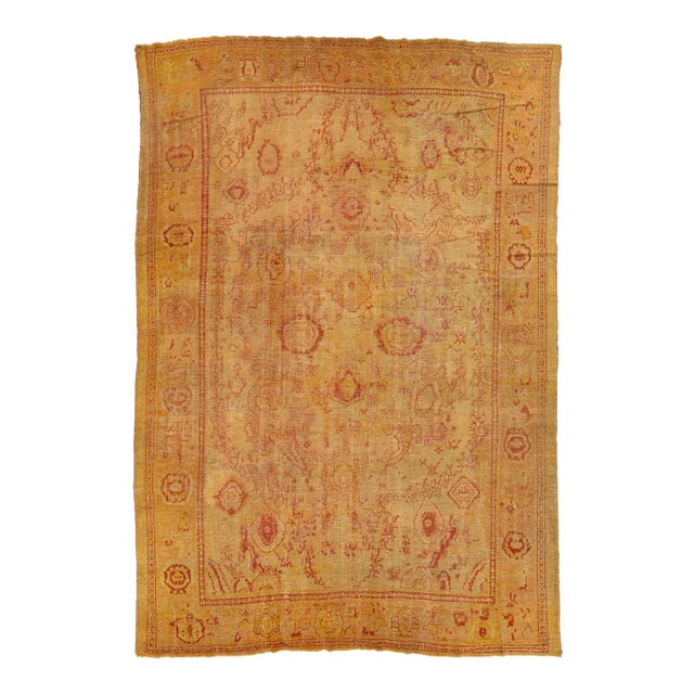 19th. C. Turkish Oushak Wool Rug in Tan With Allover Floral Design For Sale
