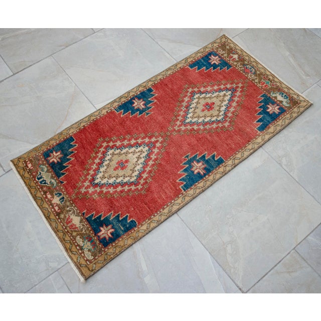 Terra Cotta 1970s Distressed Low Pile Turkish Petite Rug Hand Knotted Entry Mat - 20'' X 41'' For Sale - Image 8 of 10