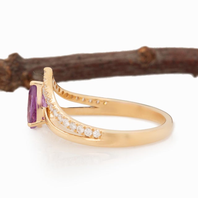Pink Sapphire Ring With Natural Diamonds Accents: Solid 14k Gold, 7x4mm For Sale - Image 9 of 10