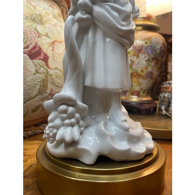 Early 20th Century Antique White Porcelain Figural Lady Table Lamp For Sale - Image 5 of 8