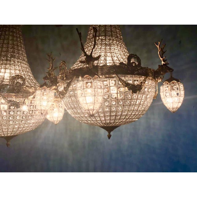 Metal 1970 French Louis XVI Gold Bronze Deer Head Chandeliers Pair For Sale - Image 7 of 16