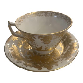 1930s Royal Crown Derby Gold Aves Pattern English Bone China Footed Tea Cup & Saucer. 24k Gold Details For Sale