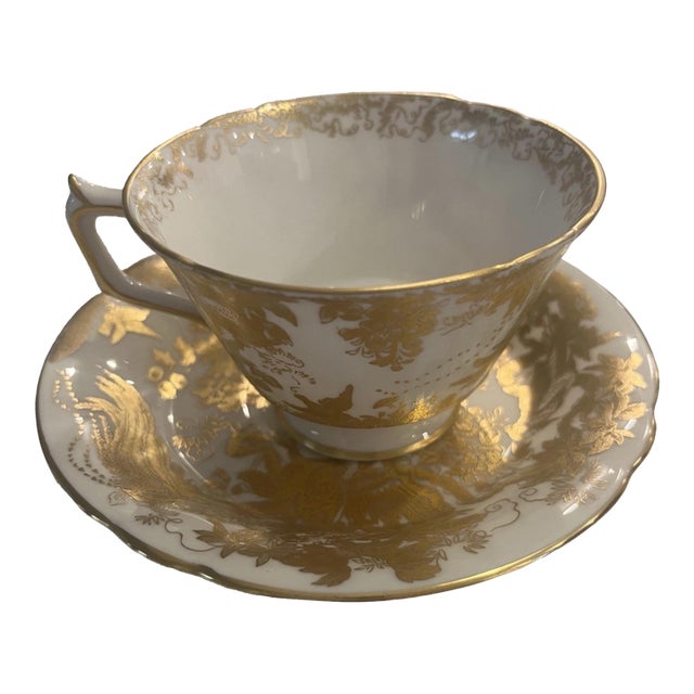 1930s Royal Crown Derby Gold Aves Pattern English Bone China Footed Tea Cup & Saucer. 24k Gold Details For Sale