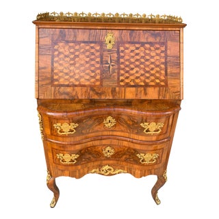 Antique Italian Parquet Style Wood Secretary Desk With Brass Accents For Sale