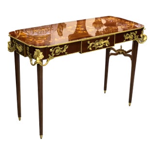 French Style Brown Console Table With Gold Leaf Accents For Sale