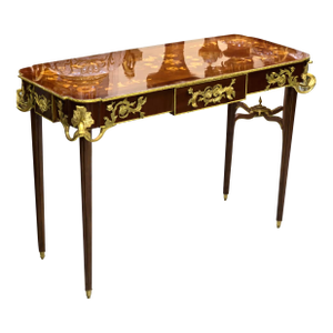 French Style Brown Console Table With Gold Leaf Accents