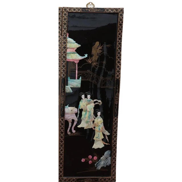 Black Mid 20th Century Chinese Black Lacquer 4-Panel Wall Screen – Raised Hardstone & Mother-of-Pearl For Sale - Image 8 of 18