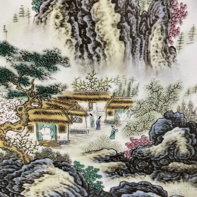 Large Vintage Hardwood Table Screen, Painted Porcelain Jiangnan Scene For Sale - Image 10 of 10
