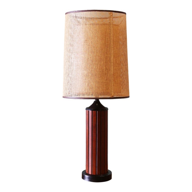 1960s Gruvwood Table Lamp Slat Wood and Original Woven Shade For Sale