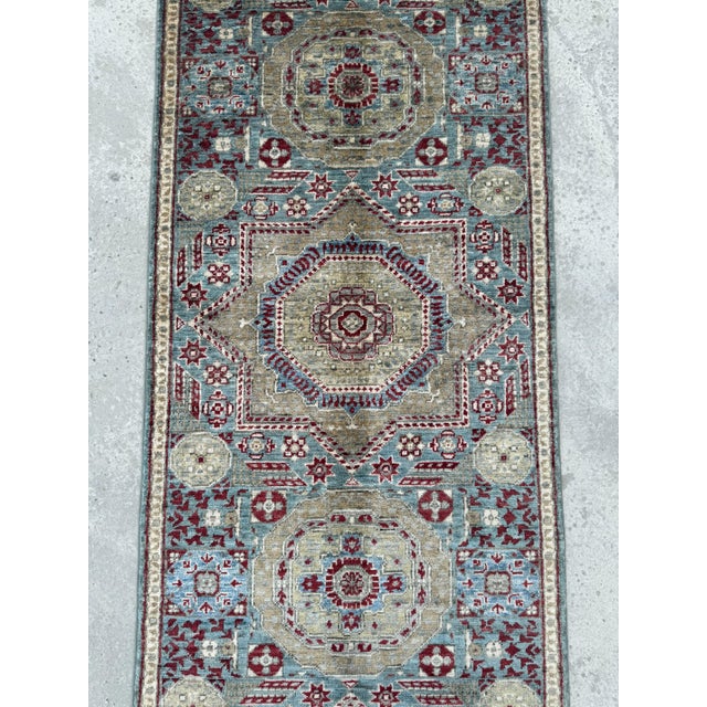 Mamluk Runner Rug, Hand-Knotted Wool, Medallion, 3x12, Teal & Gold For Sale - Image 6 of 12