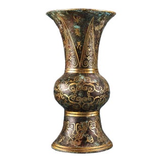 Bronze Gu Vase With Gold Inlay, Archaic Scroll & Script Motif, Chinoiserie Bronze Ritual Style Vessel For Sale
