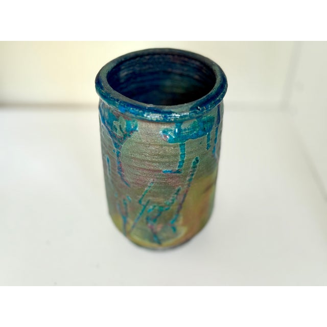 Brutalist Handcrafted Raku-Style Pottery Vase – Earthy Iridescent Glaze- Signed For Sale - Image 3 of 8