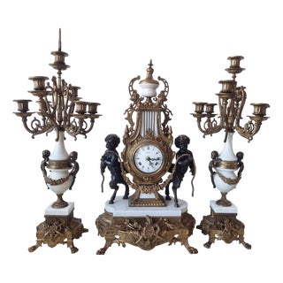 Lancini Clock with Louis XVI Style Candlesticks, 1940s, Set of 3 For Sale