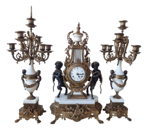 Lancini Clock with Louis XVI Style Candlesticks, 1940s, Set of 3