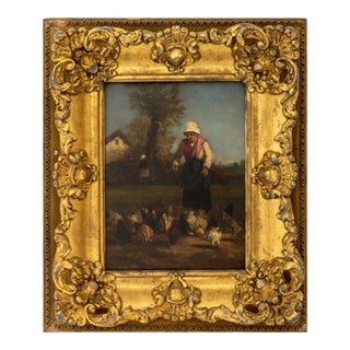 Dutch School Feeding the Chickens Oil on Board For Sale
