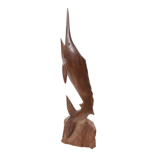 Hand Carved Mid Century Modern Teak Marlin Fish Wooden Spearfish Sculpture For Sale