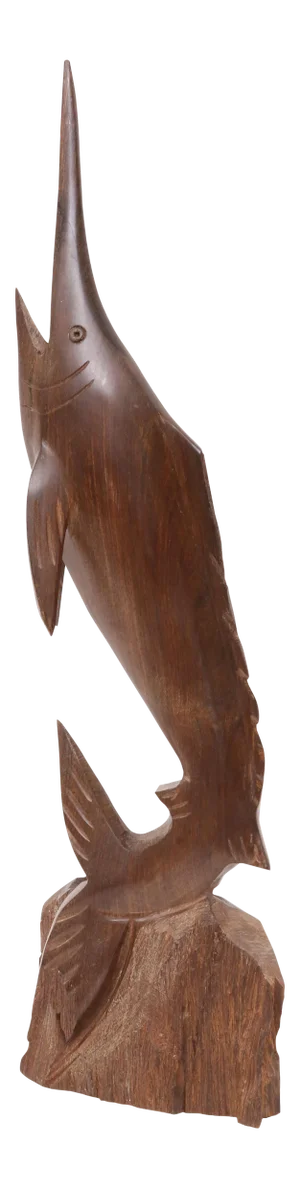 Hand Carved Mid Century Modern Teak Marlin Fish Wooden Spearfish Sculpture