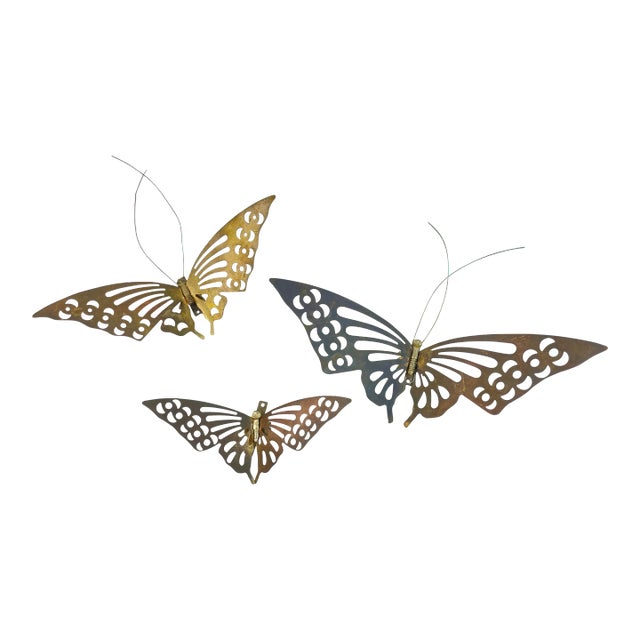 Vintage Set of 3 Brass Butterfly Wall Hangings For Sale