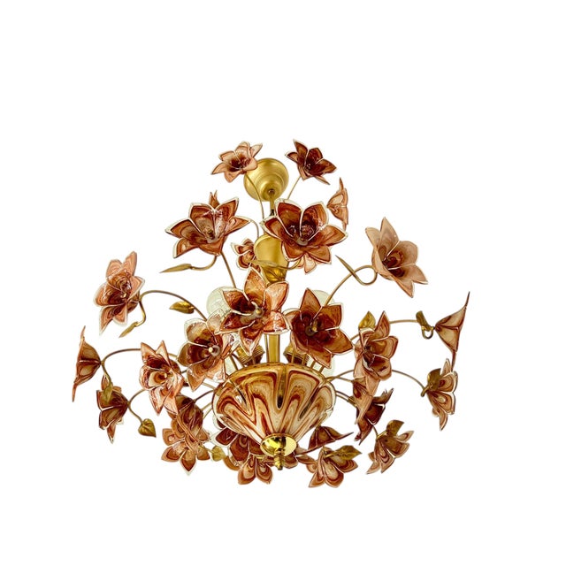 Large Murano Style Brown Flower Bouquet Chandelier With 4 E27 Bulbs. Hand-Blown Glass Flowers, Restored , Rare Italian Vintage For Sale - Image 9 of 17