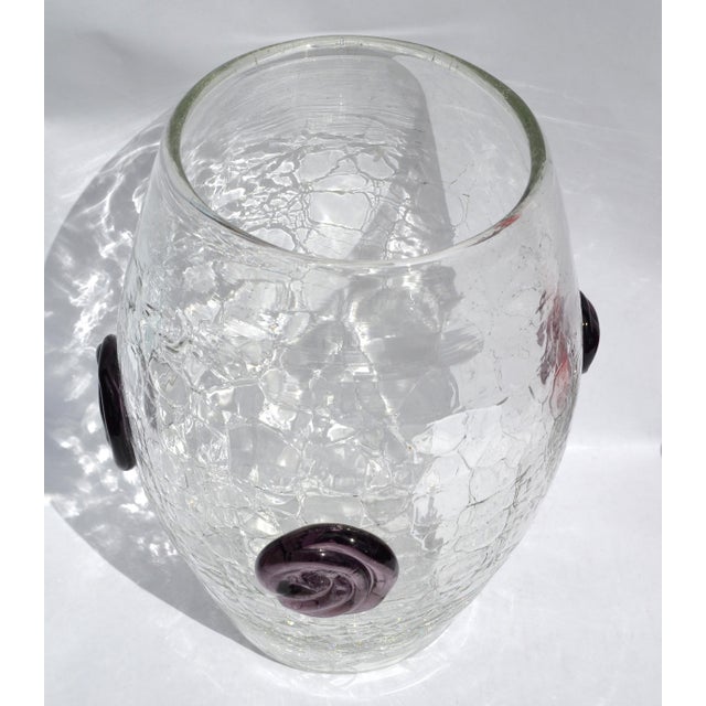 Blenko 1960s Large Blenko Crackle Art Glass Vase Textured Clear Surface Purple Flowers For Sale - Image 4 of 18