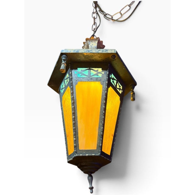 1970s Vintage Gothic 6 Panel Stained Glass Swag Lamp Hanging Lantern For Sale - Image 5 of 9