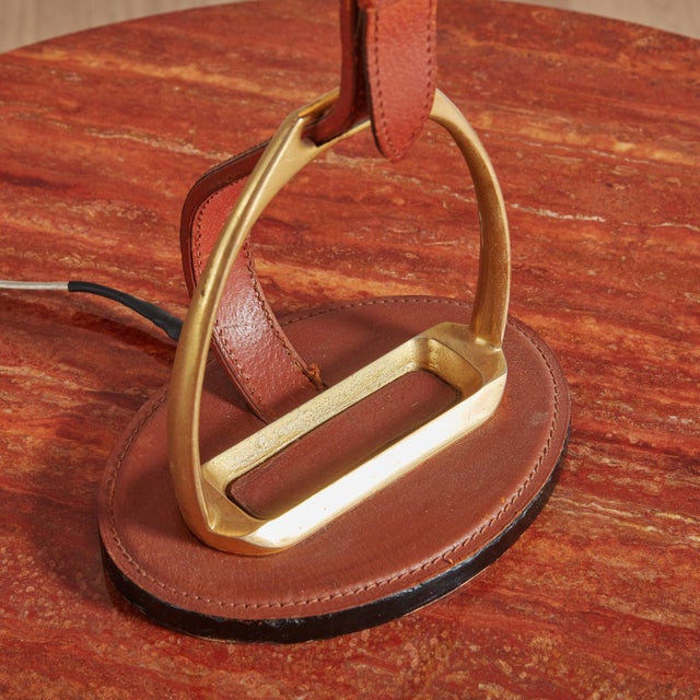 Brass Leather + Brass Table Lamp by Longchamp, France 1950s For Sale - Image 8 of 10