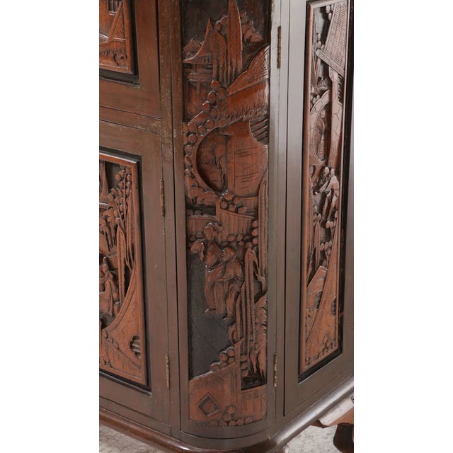 Asian Antique Vintage Asian Carved Bar Cabinet Mid Century For Sale - Image 3 of 18