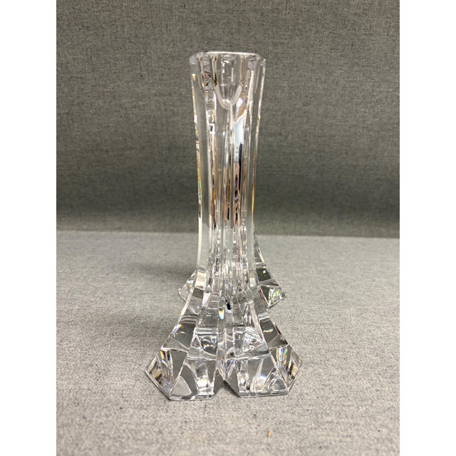 A pair of Miller Rogaska candlesticks. The tall (8") candle holders are designed in a unique thick triangle shape. The...