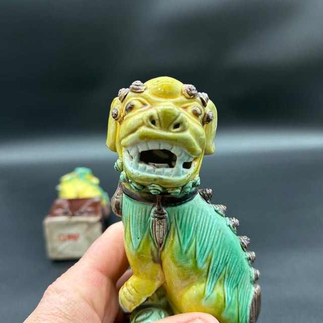 A Vintage Pair of Chinese Sancai Glazed Porcelain Foo Dogs, Circa 1920’s For Sale - Image 10 of 12