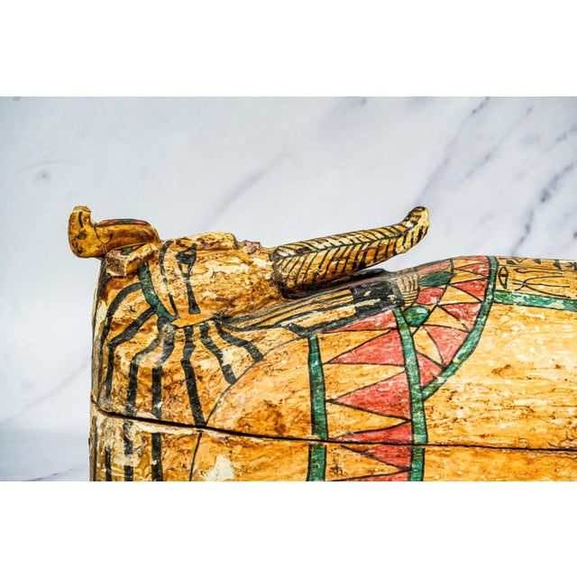 Colorful Vintage Egyptian Painted Wood Sarcophagus Box For Sale - Image 11 of 16