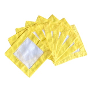 Italian Canary Yellow Contrast Linen Cocktail Napkin Set- 8 Pieces For Sale