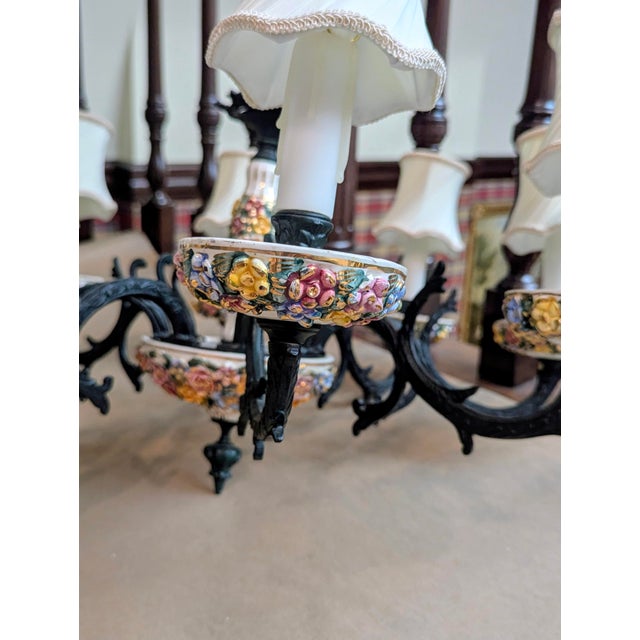 Mediterranean 1960s Italian Capodimonte, Faience-Style Porcelain and Wrought Iron Chandelier For Sale - Image 3 of 11