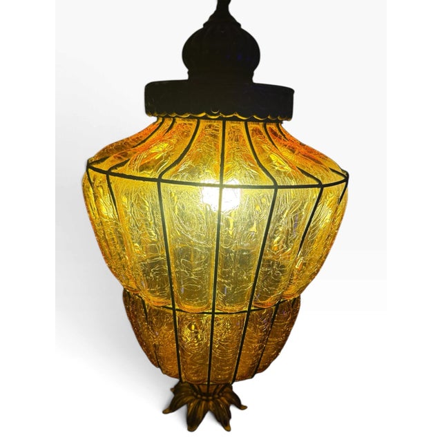 Metal Vintage Amber Textured Glass Swag Pendant Lamp With Decorative Metal Cage, Newly Rewired For Sale - Image 7 of 8