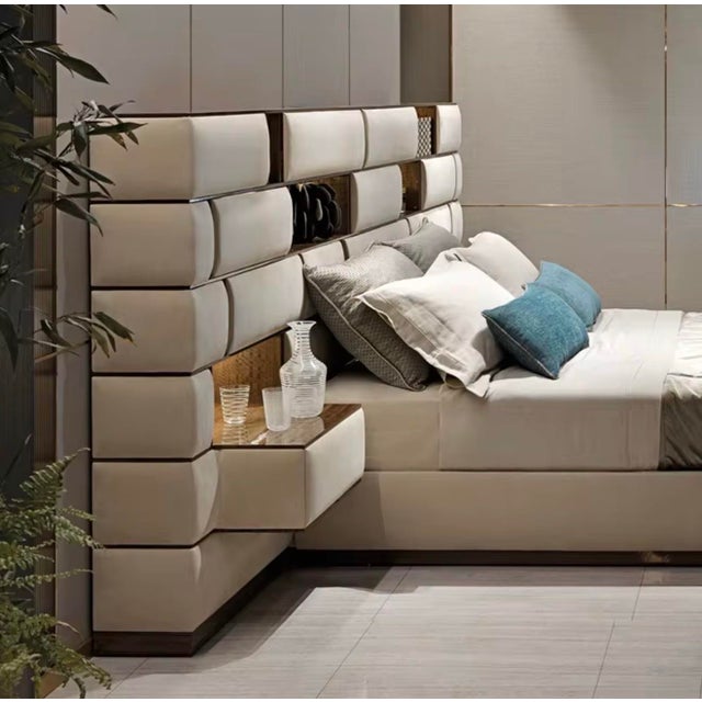 Contemporary Modern Italian Upholstered King Bed With Integrated Storage Headboard For Sale - Image 3 of 6
