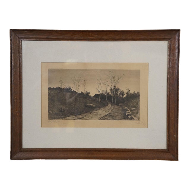Antique Edward Loyal Field Signed Country Road Farm Cottage Landscape Etching For Sale