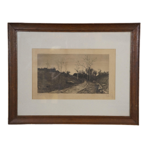 Antique Edward Loyal Field Signed Country Road Farm Cottage Landscape Etching