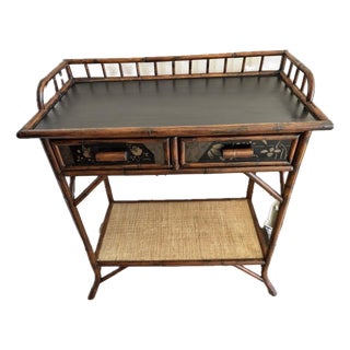 Late 20th Century Palecek Attributed Entry Table/ Dry Bar in a Stunning Tortoise Shell Burnt Rattan Finish. For Sale