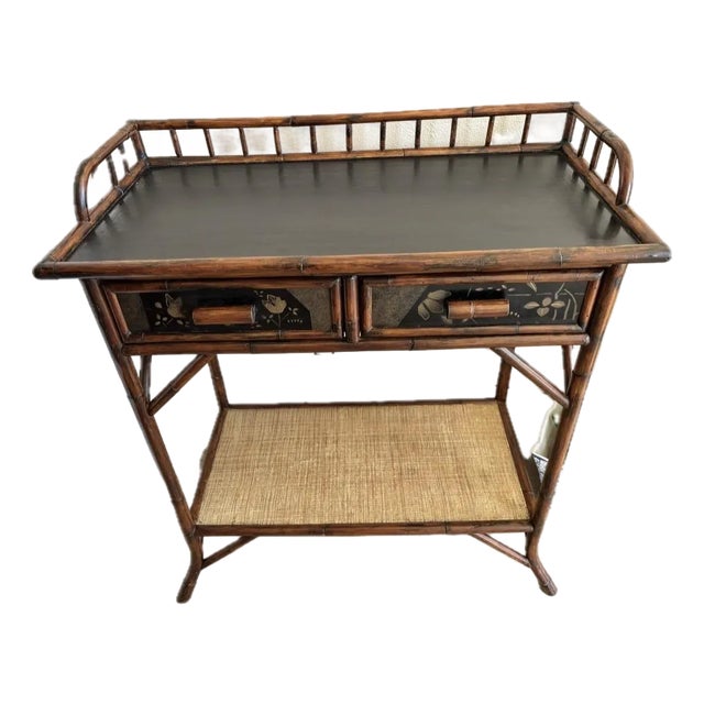 Late 20th Century Palecek Attributed Entry Table/ Dry Bar in a Stunning Tortoise Shell Burnt Rattan Finish. For Sale