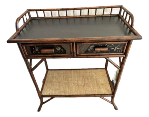 Late 20th Century Palecek Attributed Entry Table/ Dry Bar in a Stunning Tortoise Shell Burnt Rattan Finish.
